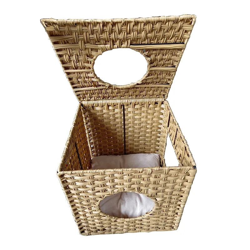 Oehid Hand-Woven Pet House Foldable Cats Tunnel Bed With Cushion