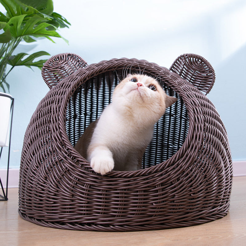 Oehid Wicker Cat Bed Breathable Semi-closed Indoor Sleeping Bed