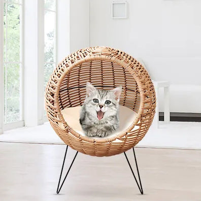 Oehid 20.5" Rattan Cat Bed Elevated Wicker Kitten House Round Condo with Cushion