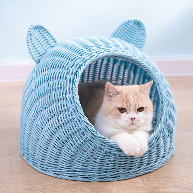 Oehid Wicker Cat Bed Breathable Semi-closed Indoor Sleeping Bed