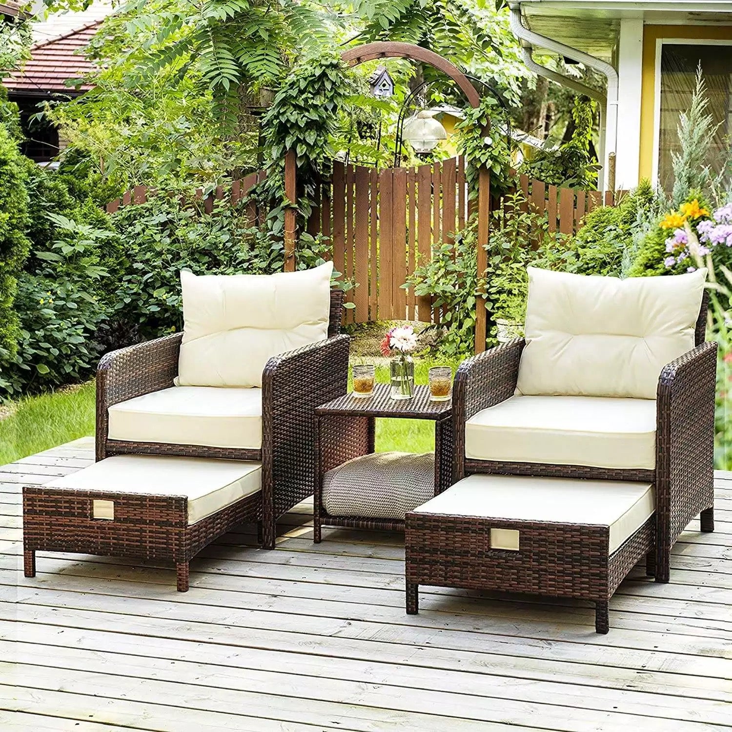 Oehid 3 Pieces Patio Rattan Sofa Chair Sets with Coffee Table and Ottoman Stool