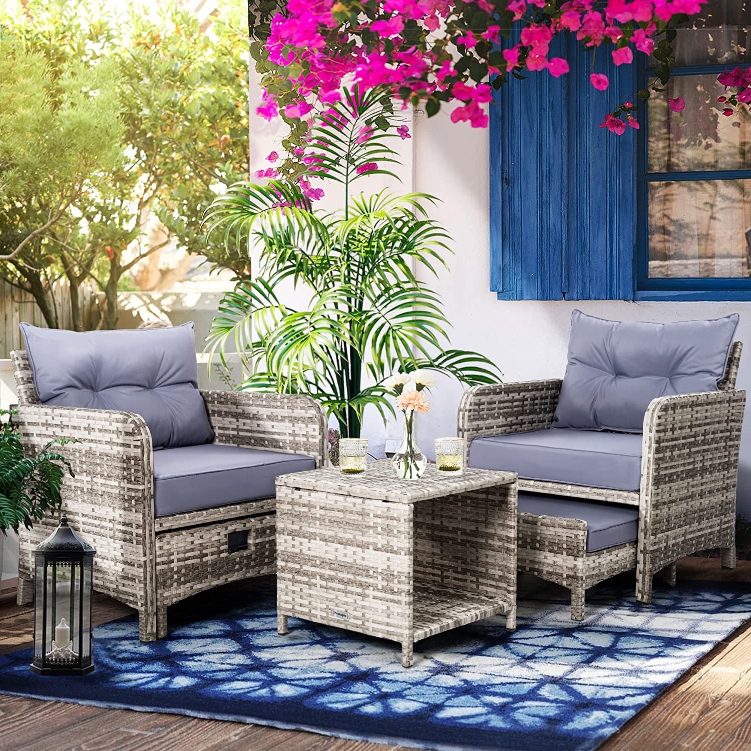 Oehid 3 Pieces Patio Rattan Sofa Chair Sets with Coffee Table and Ottoman Stool