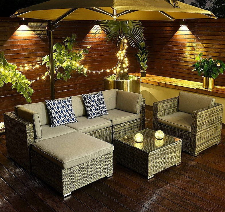 Oehid 5 Pieces Rattan Sofa Set Outdoor Patio Furniture with 4 Pillows and Coffee Table