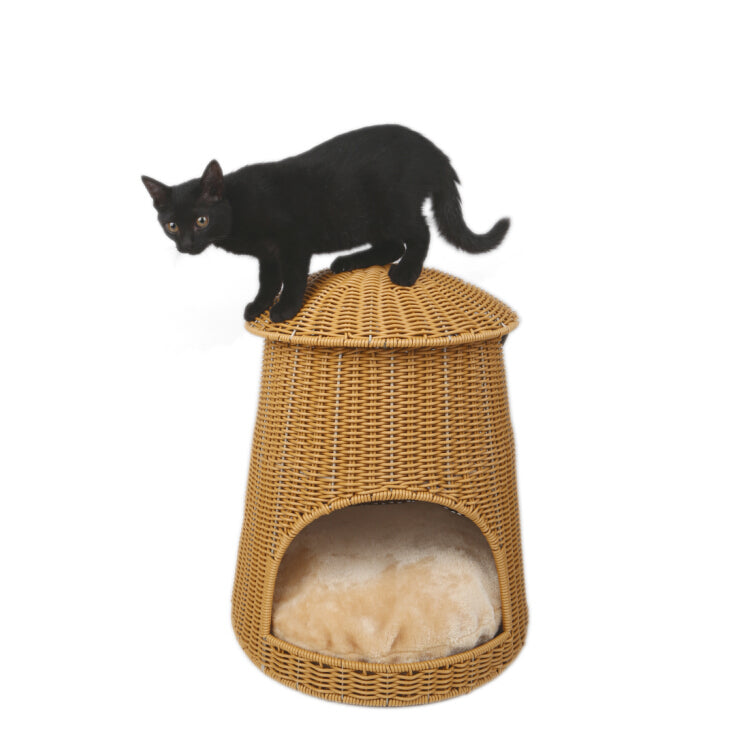 Oehid Handweaved Rattan Cat Bed Mushroom Shape Pet House Basket