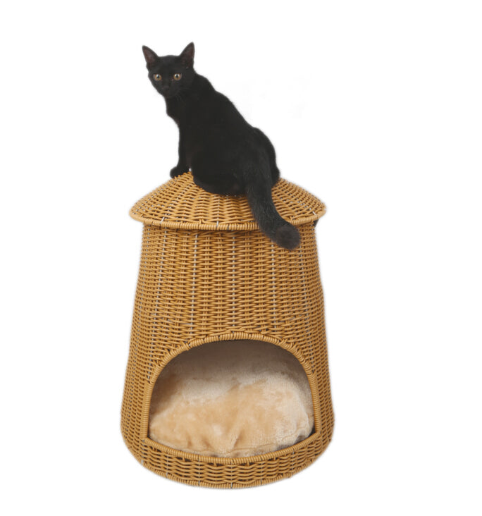 Oehid Handweaved Rattan Cat Bed Mushroom Shape Pet House Basket