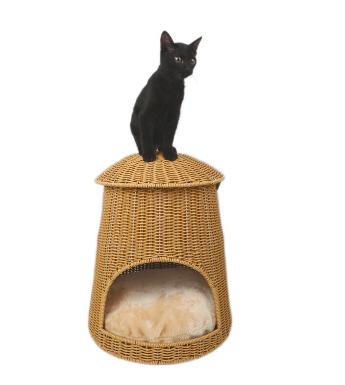 Oehid Handweaved Rattan Cat Bed Mushroom Shape Pet House Basket