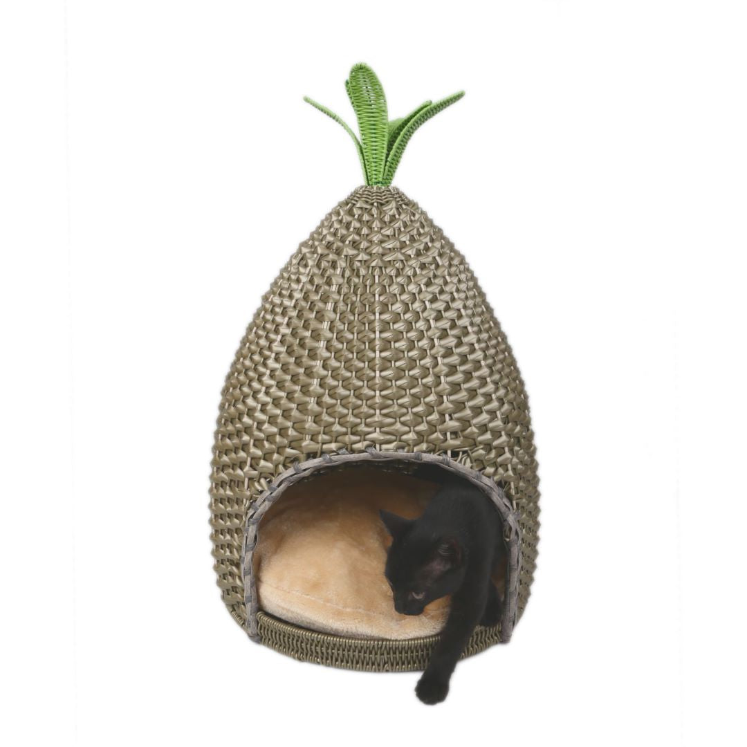 Oehid Hand Made Rattan Round pet Bed Pineapple Shaped Cat Bed House