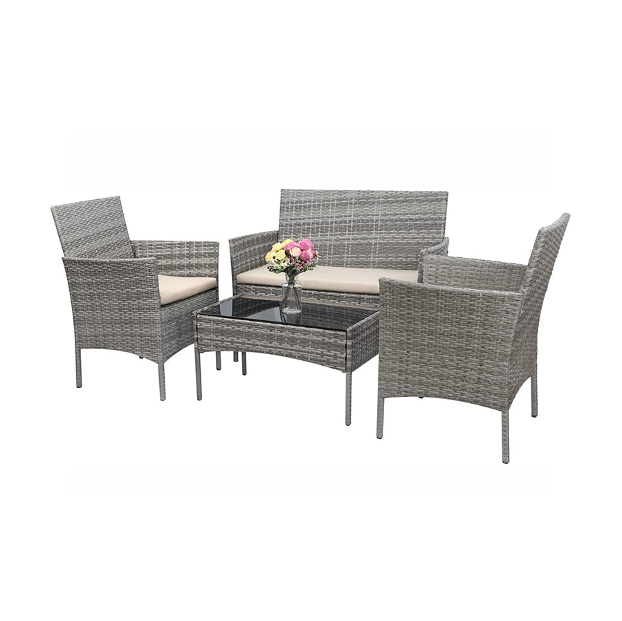 Oehid 4 Piece Patio Sofa Set, Rattan Armchairs with Glass Coffee Table and Thick Cushions