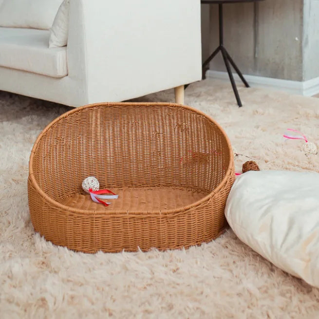 Oehid Rattan Dog Bed Large Dog House Cat Bed Daybed with Cotton Pad