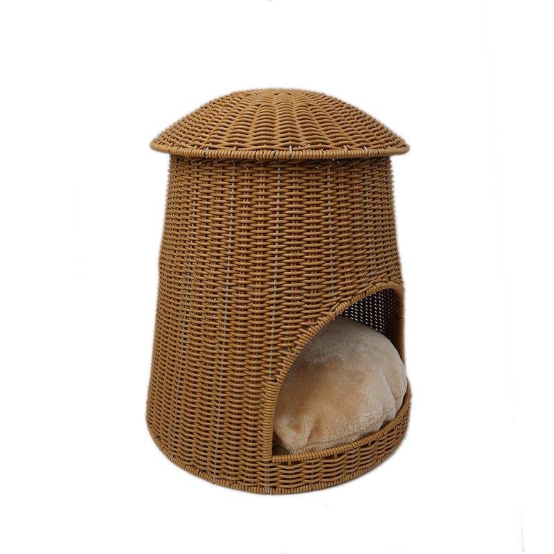 Oehid Handweaved Rattan Cat Bed Mushroom Shape Pet House Basket