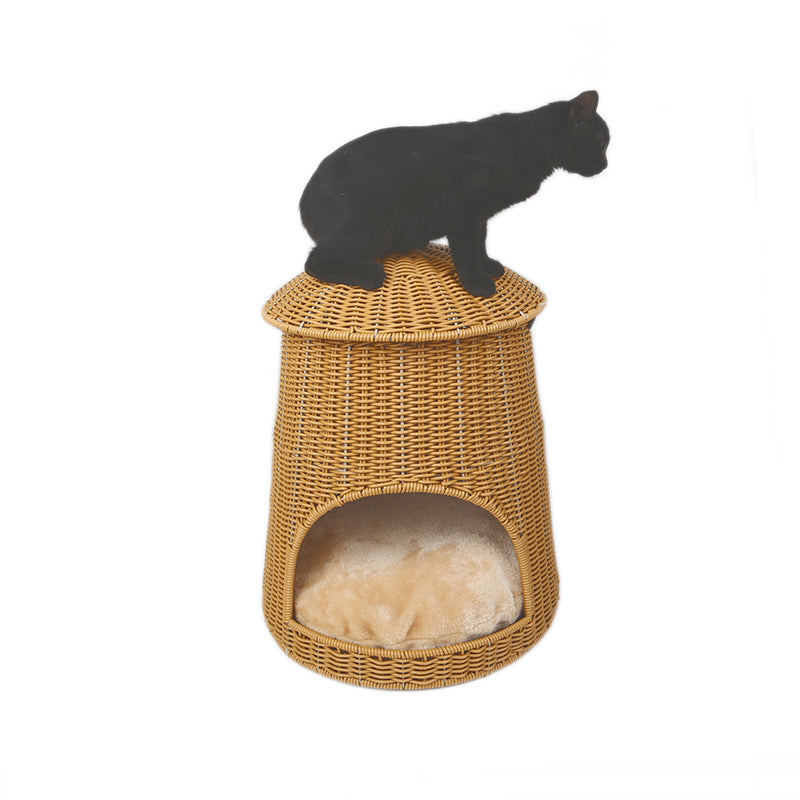 Oehid Handweaved Rattan Cat Bed Mushroom Shape Pet House Basket