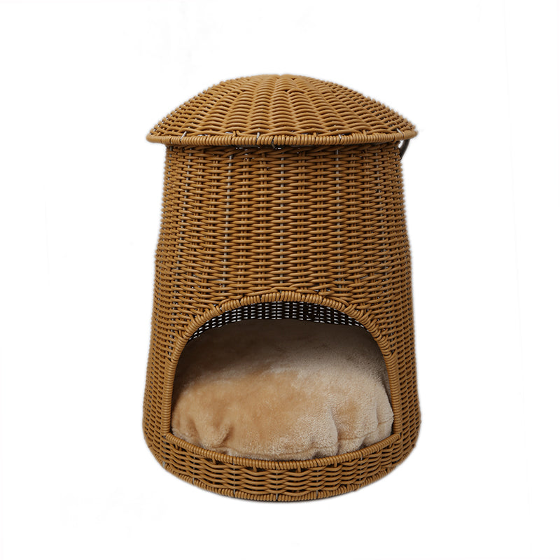 Oehid Handweaved Rattan Cat Bed Mushroom Shape Pet House Basket