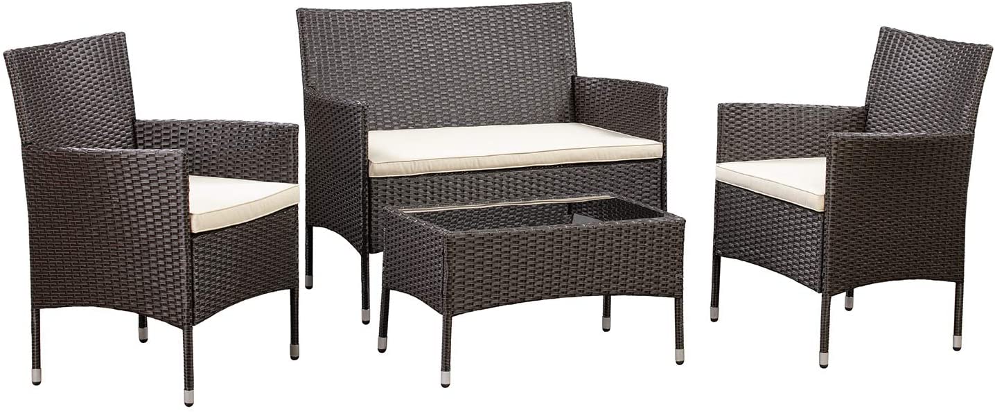 Oehid 4 Piece Patio Sofa Set, Rattan Armchairs with Glass Coffee Table and Thick Cushions