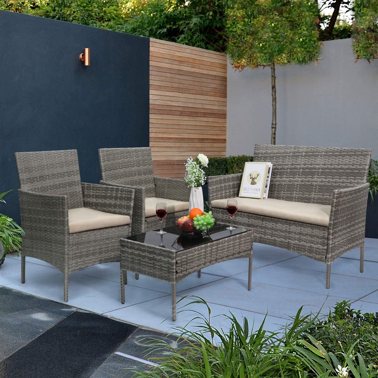 Oehid 4 Piece Patio Sofa Set, Rattan Armchairs with Glass Coffee Table and Thick Cushions