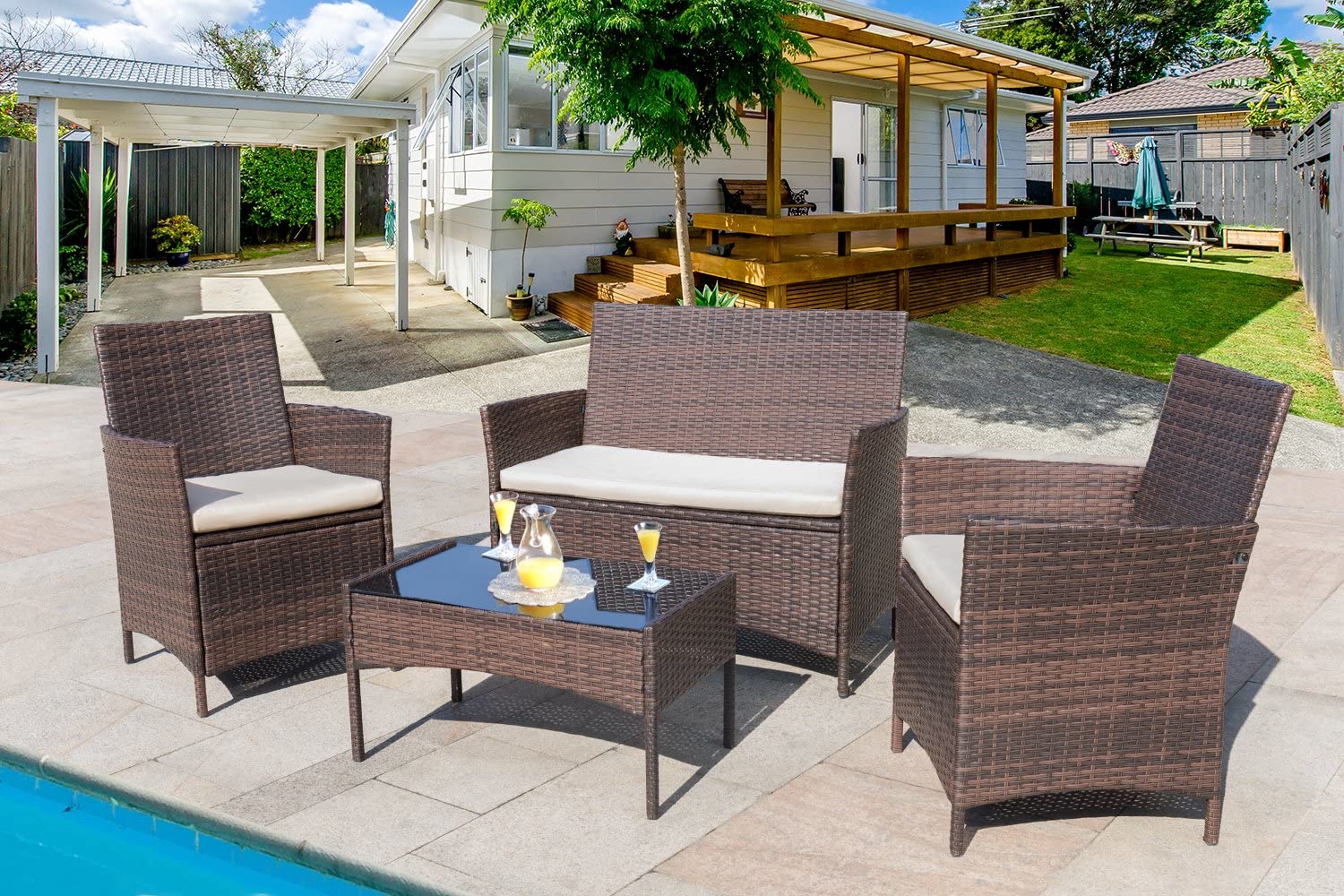 Oehid 4 Piece Patio Sofa Set, Rattan Armchairs with Glass Coffee Table and Thick Cushions